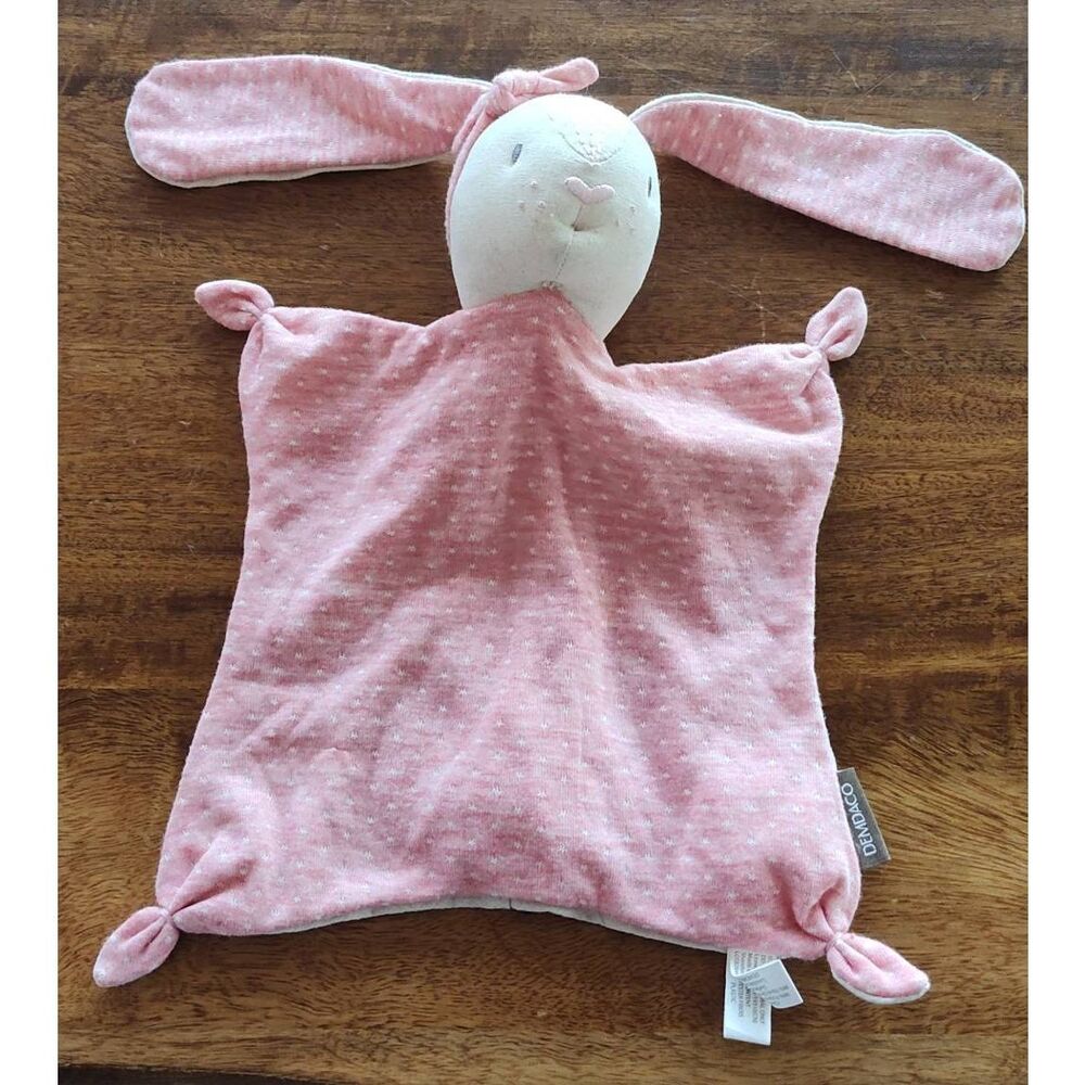 Demdaco Hugs & Kisses Pink Bunny Rabbit Lovey Security Blanket Rattle 11" x 8"